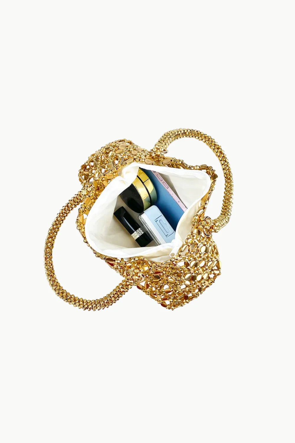 Gold-toned beaded evening handbag with sequins and white fabric lining for elegant occasions