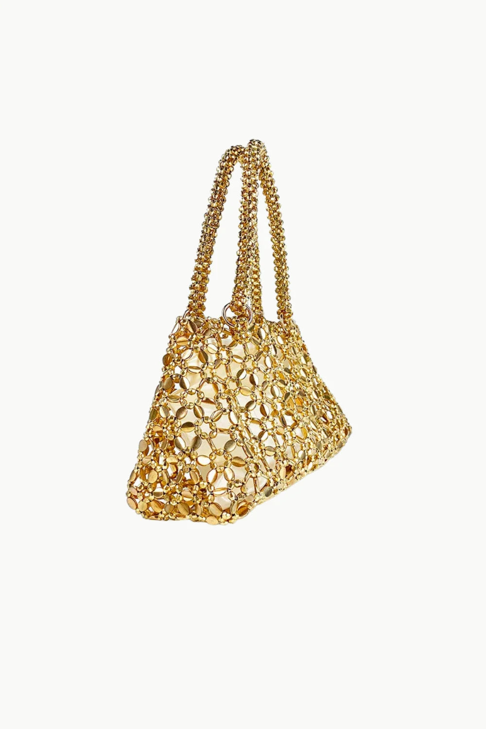 Shimmering gold beaded evening handbag with two top handles for elegant occasions