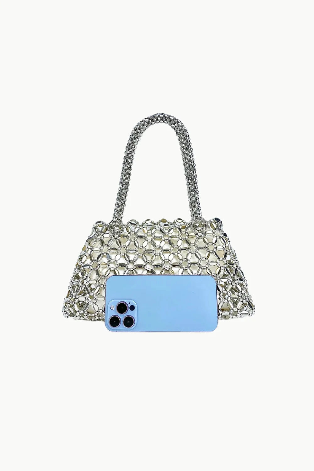 Silver beaded evening handbag with top handle suitable for carrying a smartphone