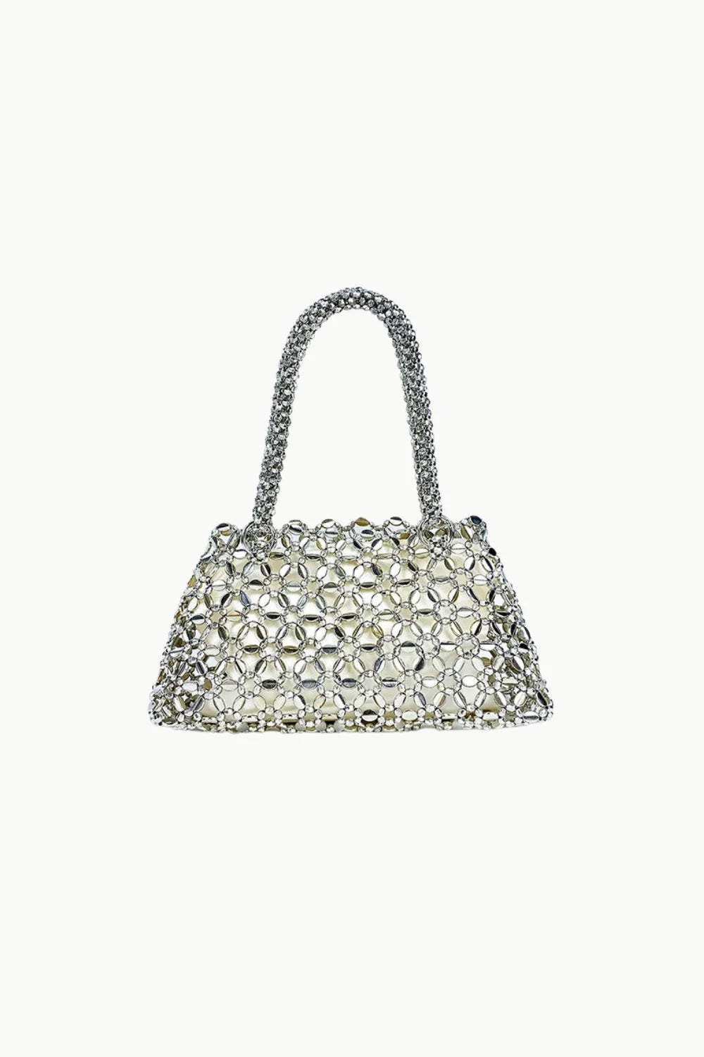 Sparkling silver beaded evening handbag with structured top handle for elegant occasions