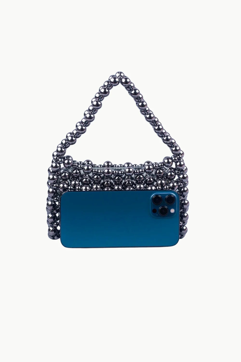 Dark gray beaded evening purse with phone in front, stylish beaded evening accessory