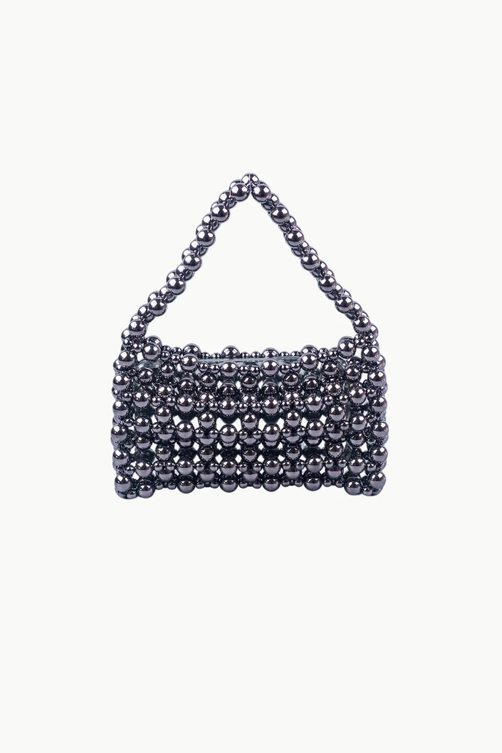Dark gray beaded evening purse with triangular top handle for stylish occasions