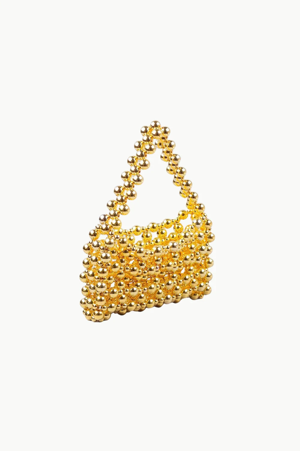 Shiny gold beaded evening purse with triangular handle for elegant occasions