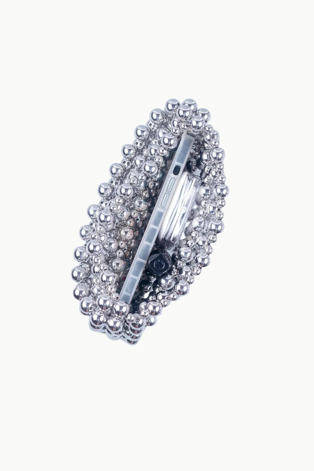 Silver-beaded evening purse with transparent phone-shaped clasp for elegant occasions