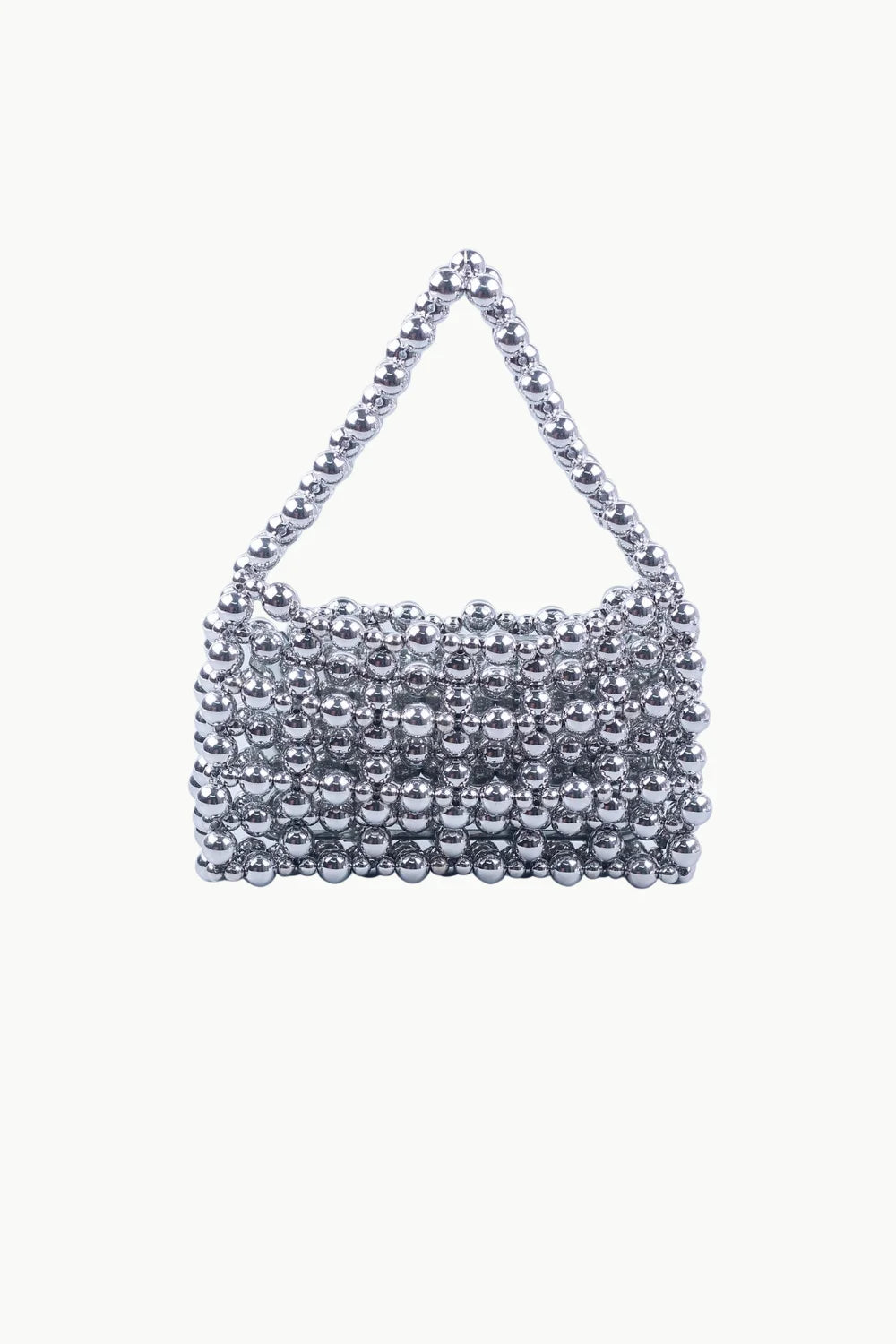 Silver beaded evening purse with triangular handle, stylish beaded evening purse accessory
