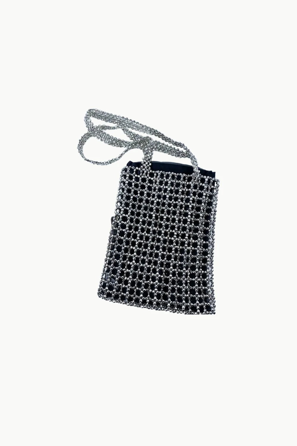 Black beaded evening tote bag with silver chainmail exterior for stylish events