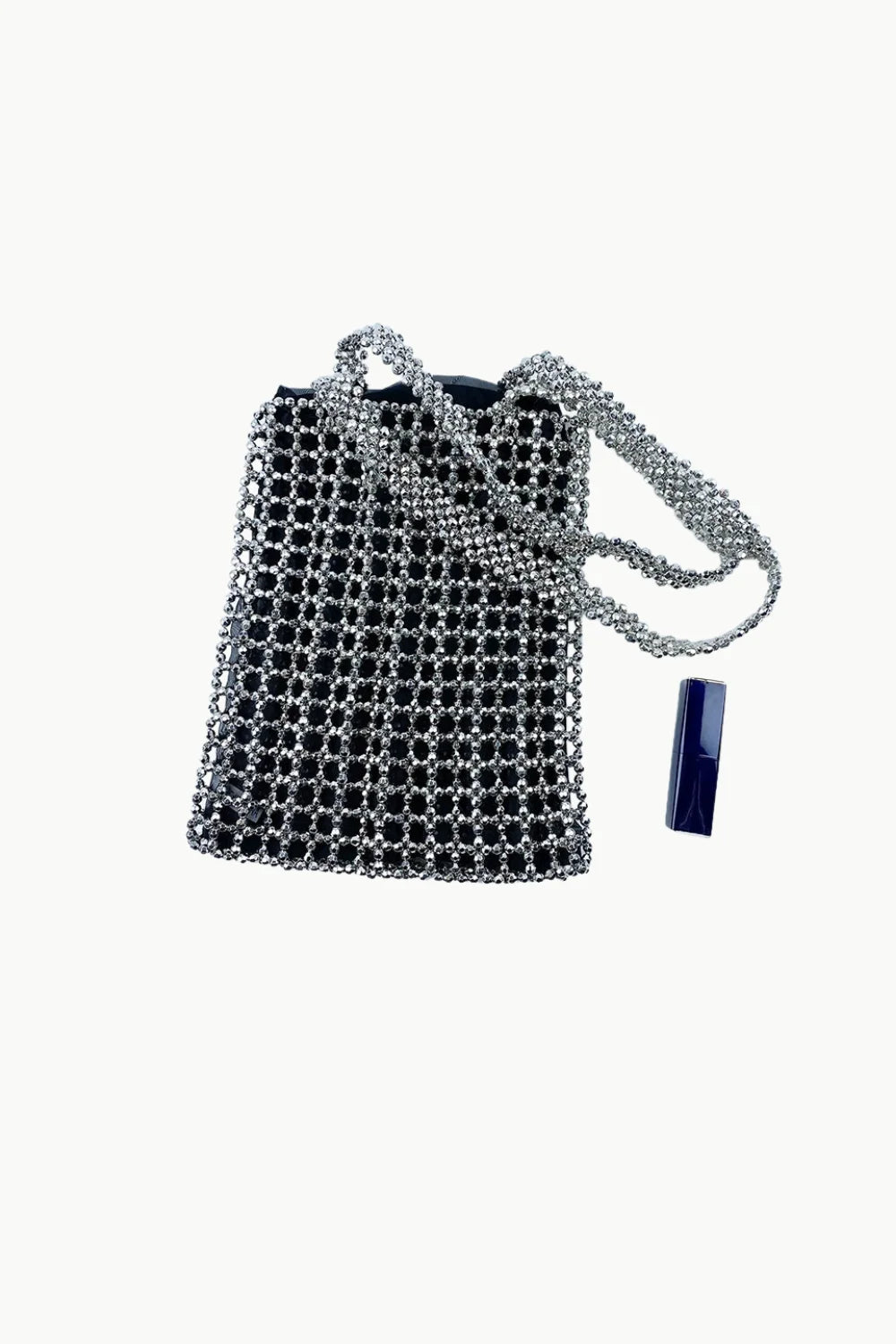 Silver chainmail handbag with dark blue lipstick tube, perfect beaded evening tote accessory