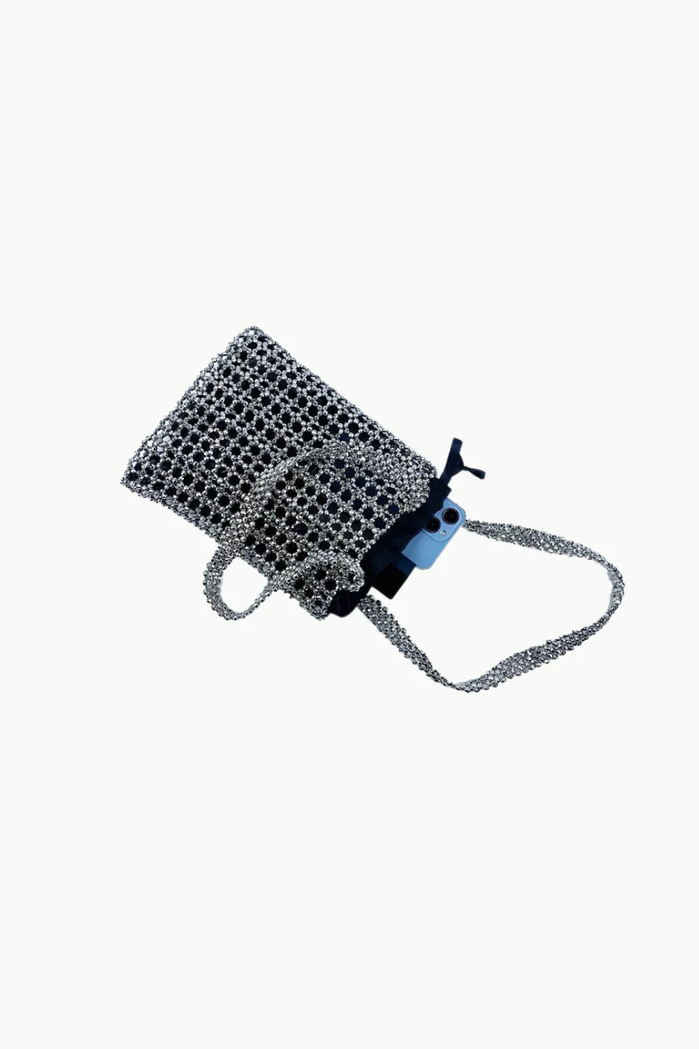 Silver metallic woven beaded evening tote bag with short strap for stylish occasions