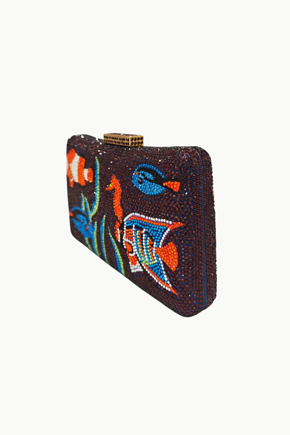 Beaded Fish Purse with underwater scene featuring clownfish, seahorse, and tropical fish