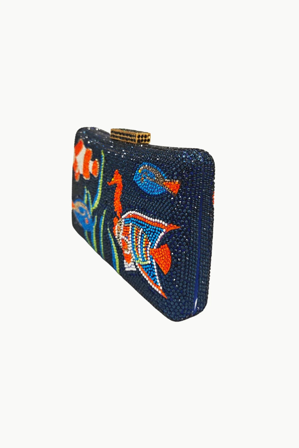 Dark blue beaded fish purse with colorful embroidered underwater scene featuring fish and coral
