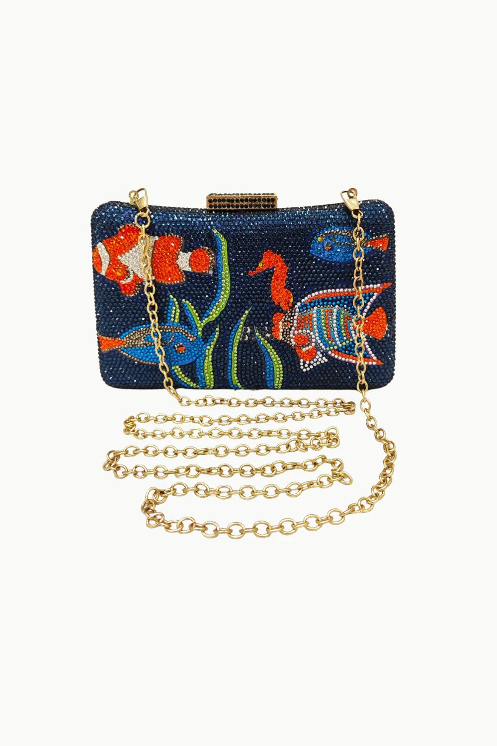 Beaded Fish Purse with colorful marine life, gold chain strap, clutch bag accessory