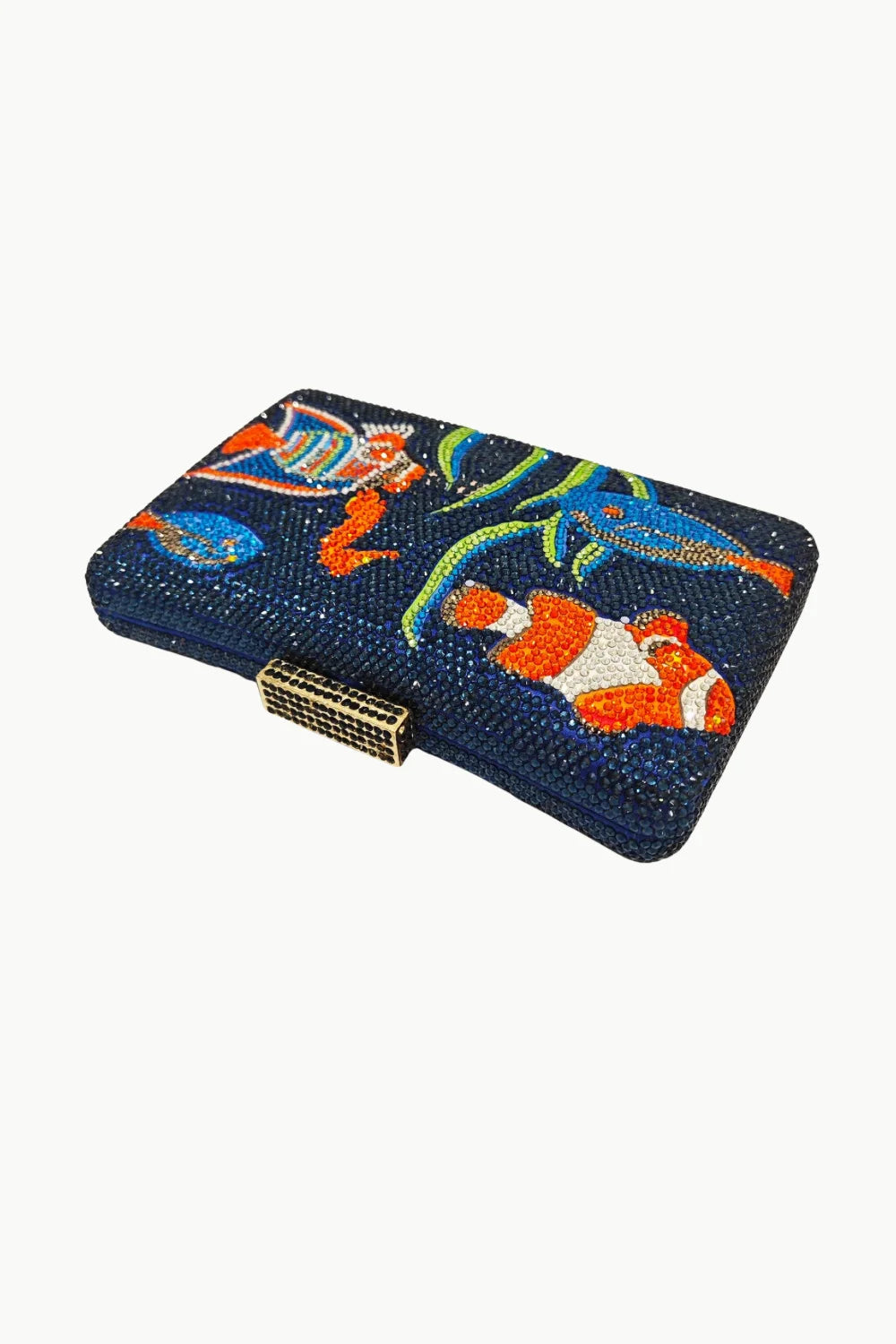 Navy blue beaded fish purse with colorful rhinestones featuring tropical fish design