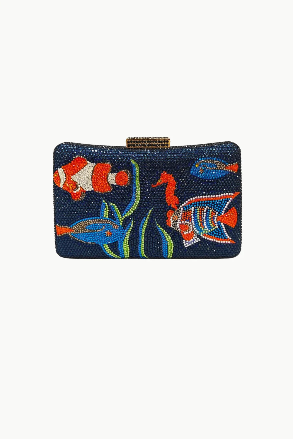 Navy blue rectangular beaded fish purse with colorful aquatic life designs