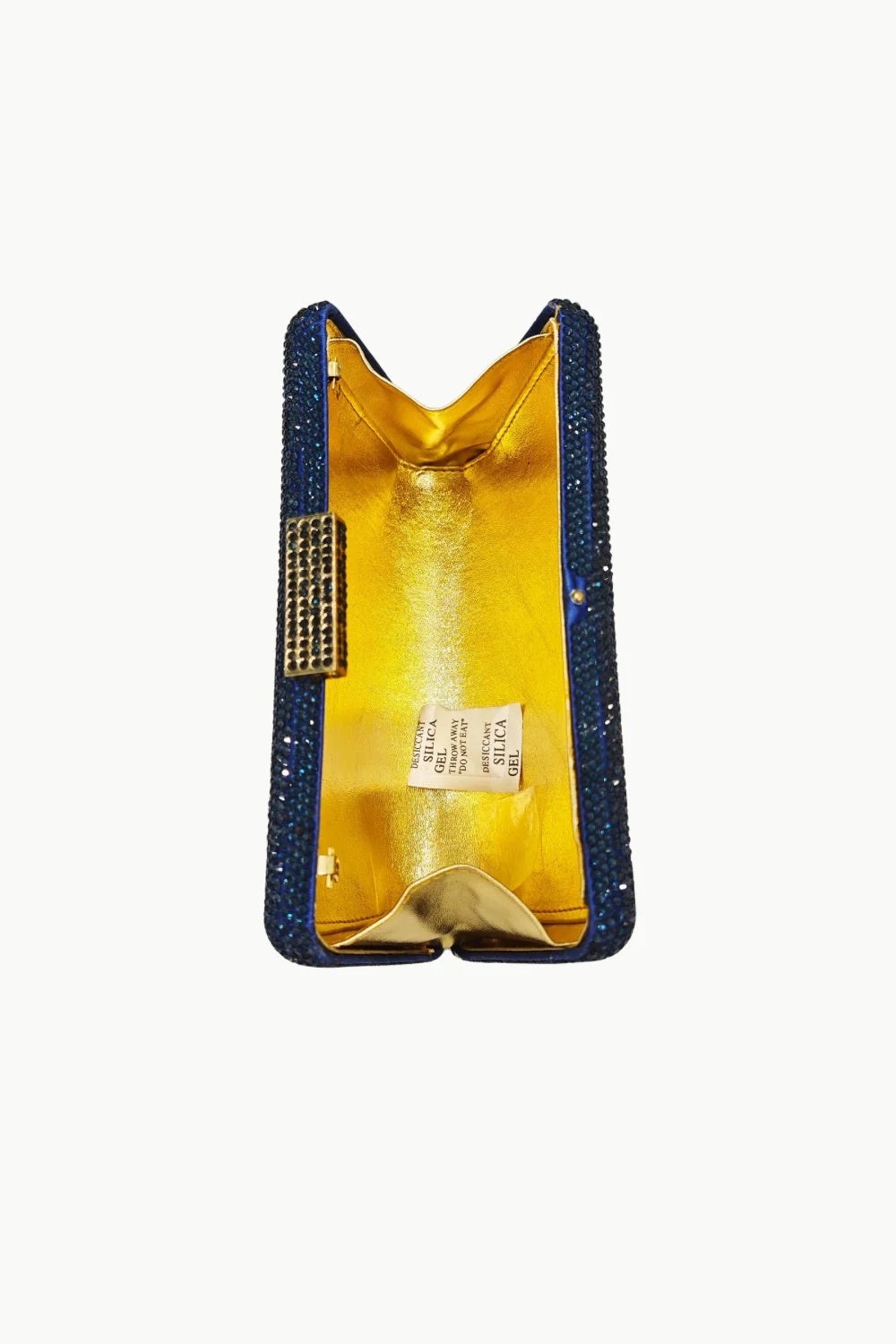 Open navy blue glitter beaded Fish Purse with gold interior and decorative clasp