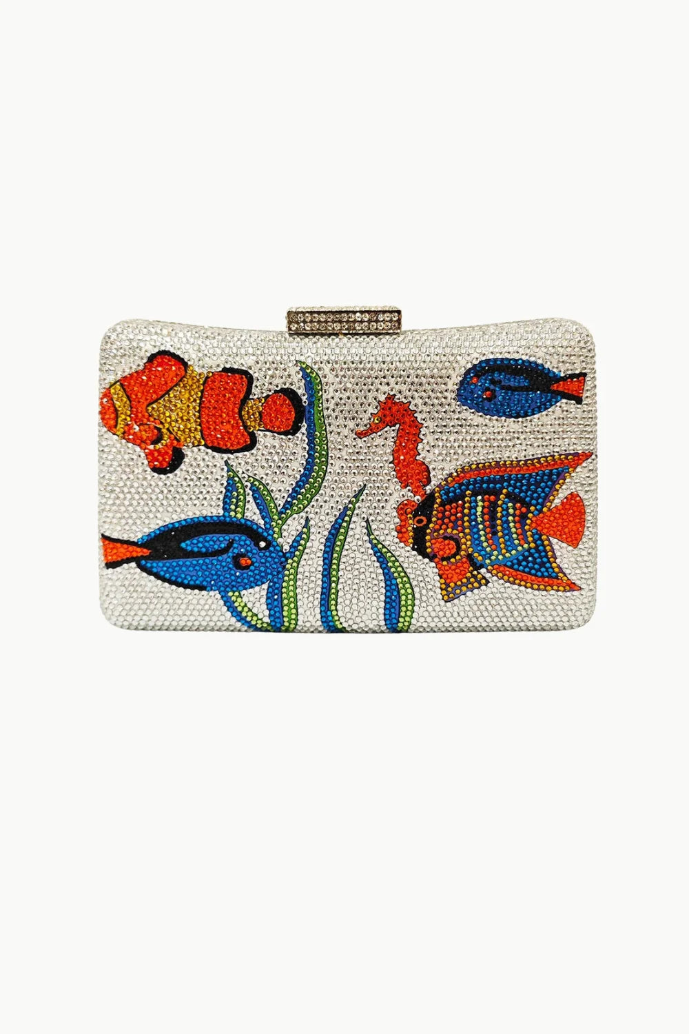 White beaded fish purse with colorful aquatic fish and plant designs for stylish accessories
