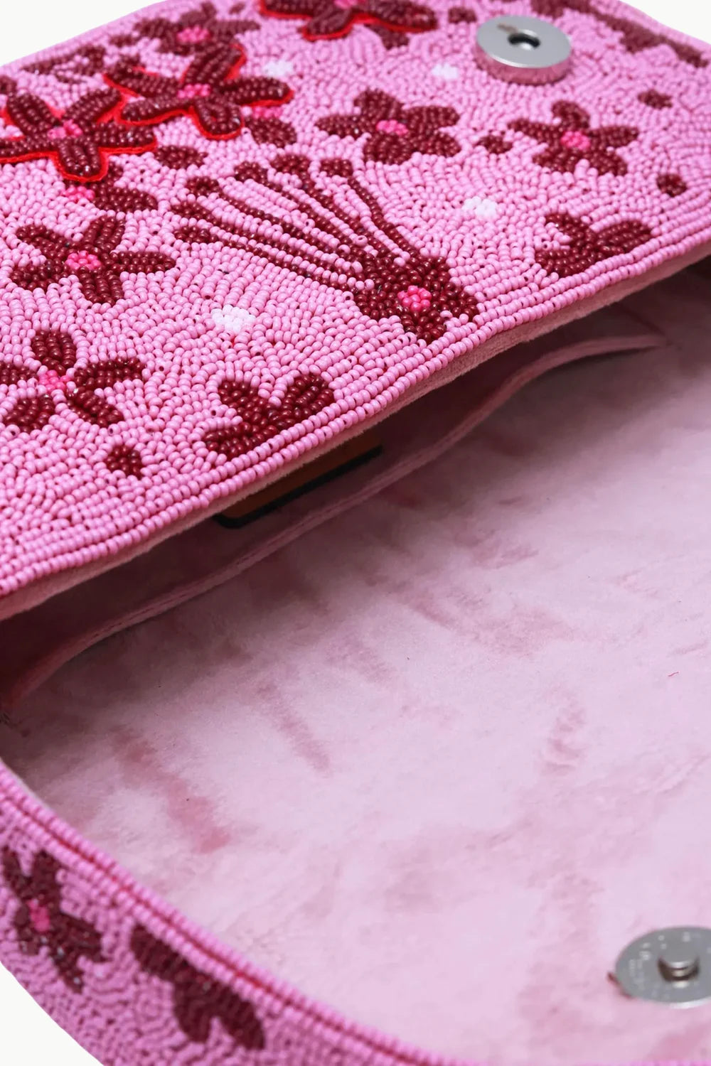 Open pink beaded floral handbag clutch with embroidery and magnetic closure