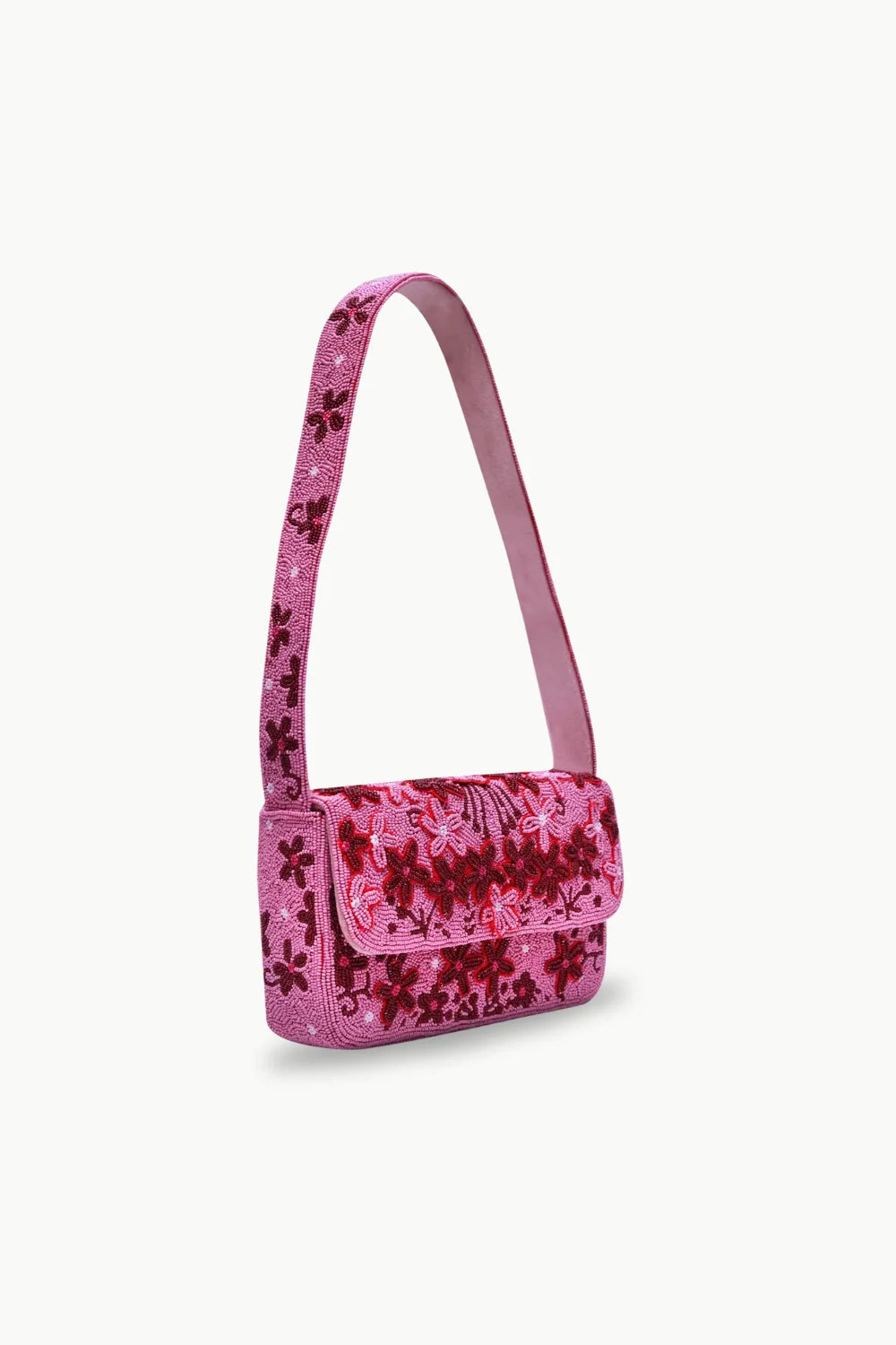 Pink floral beaded shoulder bag with flap closure, perfect floral handbag accessory