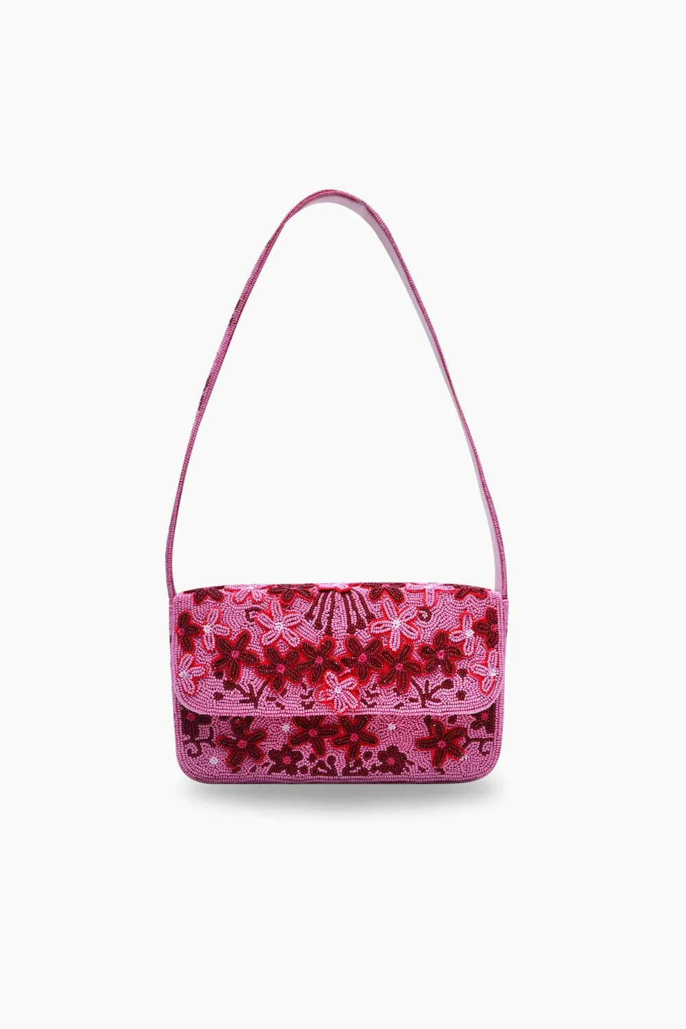 Pink shoulder bag with red floral embroidery, a stylish beaded floral handbag accessory