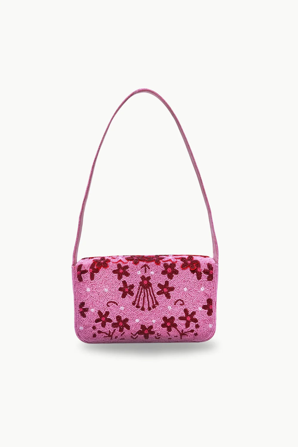 Pink beaded floral handbag with red floral embellishments and tassel detail