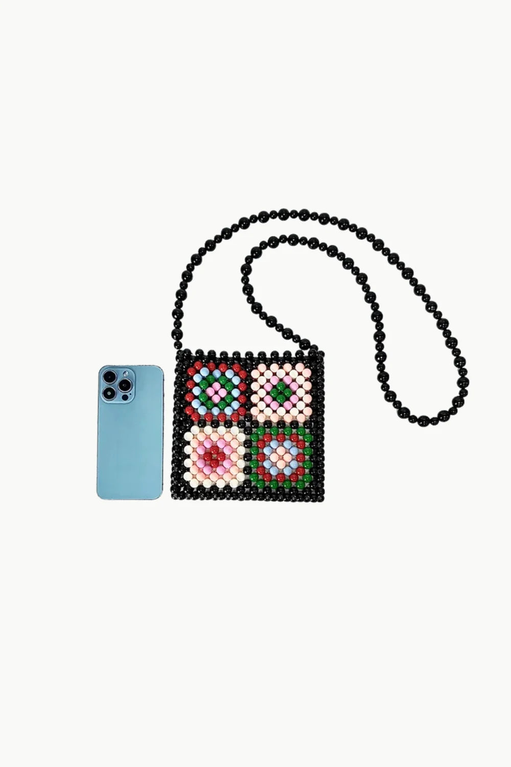 Black beaded floral mini bag with colorful granny square pattern for floral mini bag style