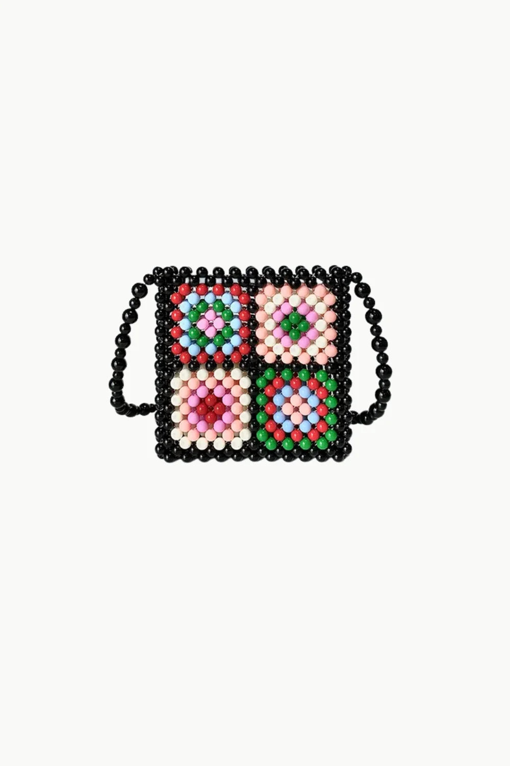 Black beaded floral mini bag with colorful floral-patterned panels for stylish accessory