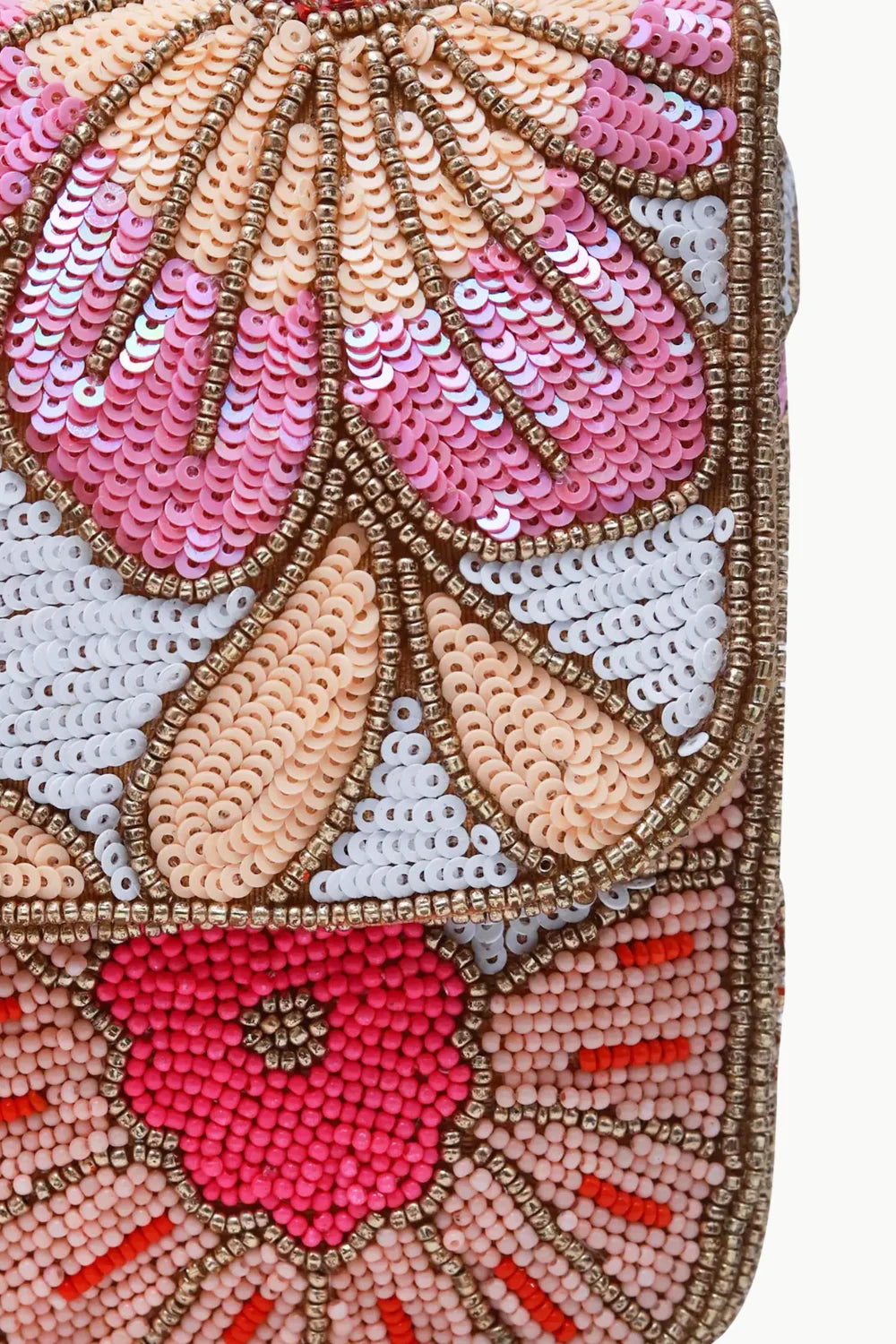 Embroidered and beaded flower bag with floral patterns in pink, peach, and white sequins