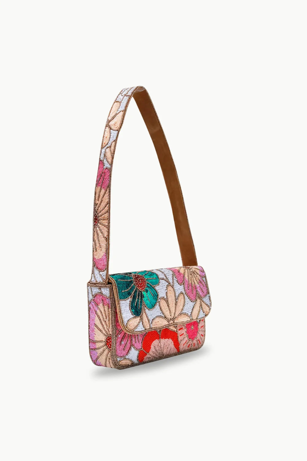 Beaded Flower Bag with floral beaded design and brown strap for stylish carry