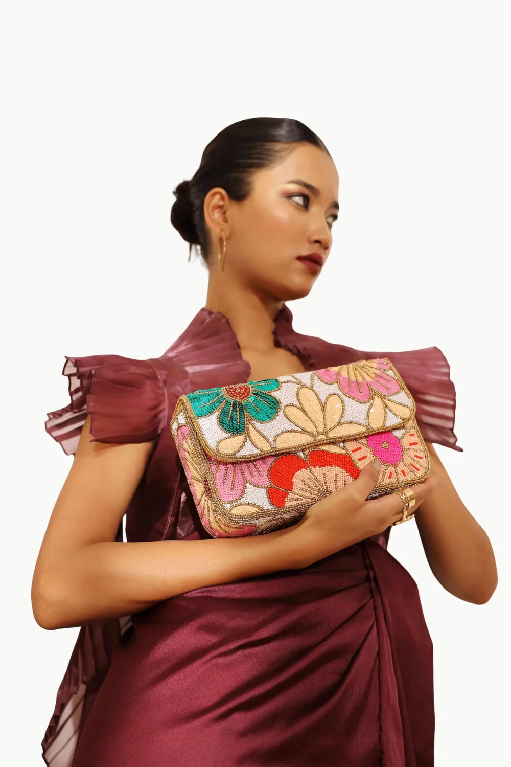 Maroon Beaded Flower Bag with Colorful Floral Embroidery for Stylish Flower Bag Accessory