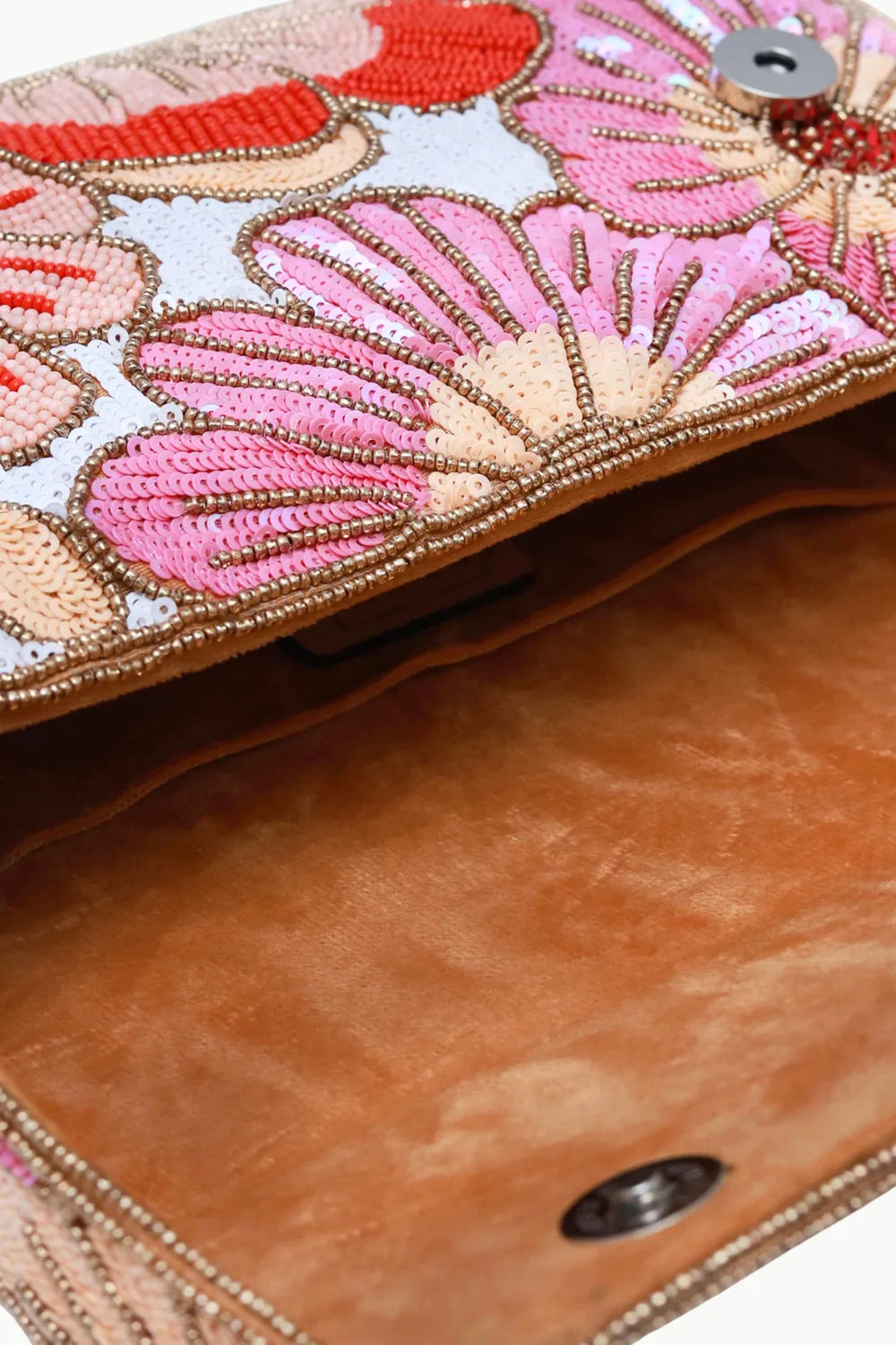 Open beaded flower bag with floral beads, magnetic closure, and brown lining