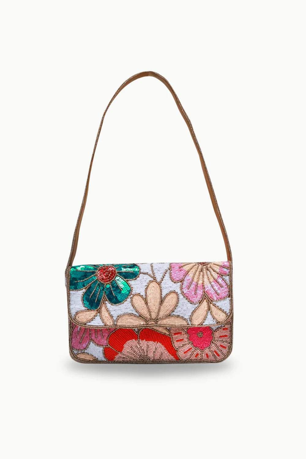 Beaded Flower Bag with floral embroidery, sequins, and brown strap for stylish accessory