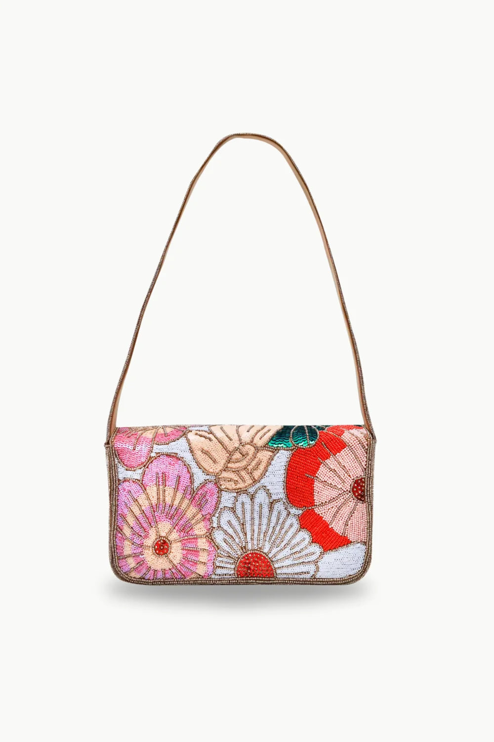 Beaded Flower Bag with floral embroidery and thin brown shoulder strap