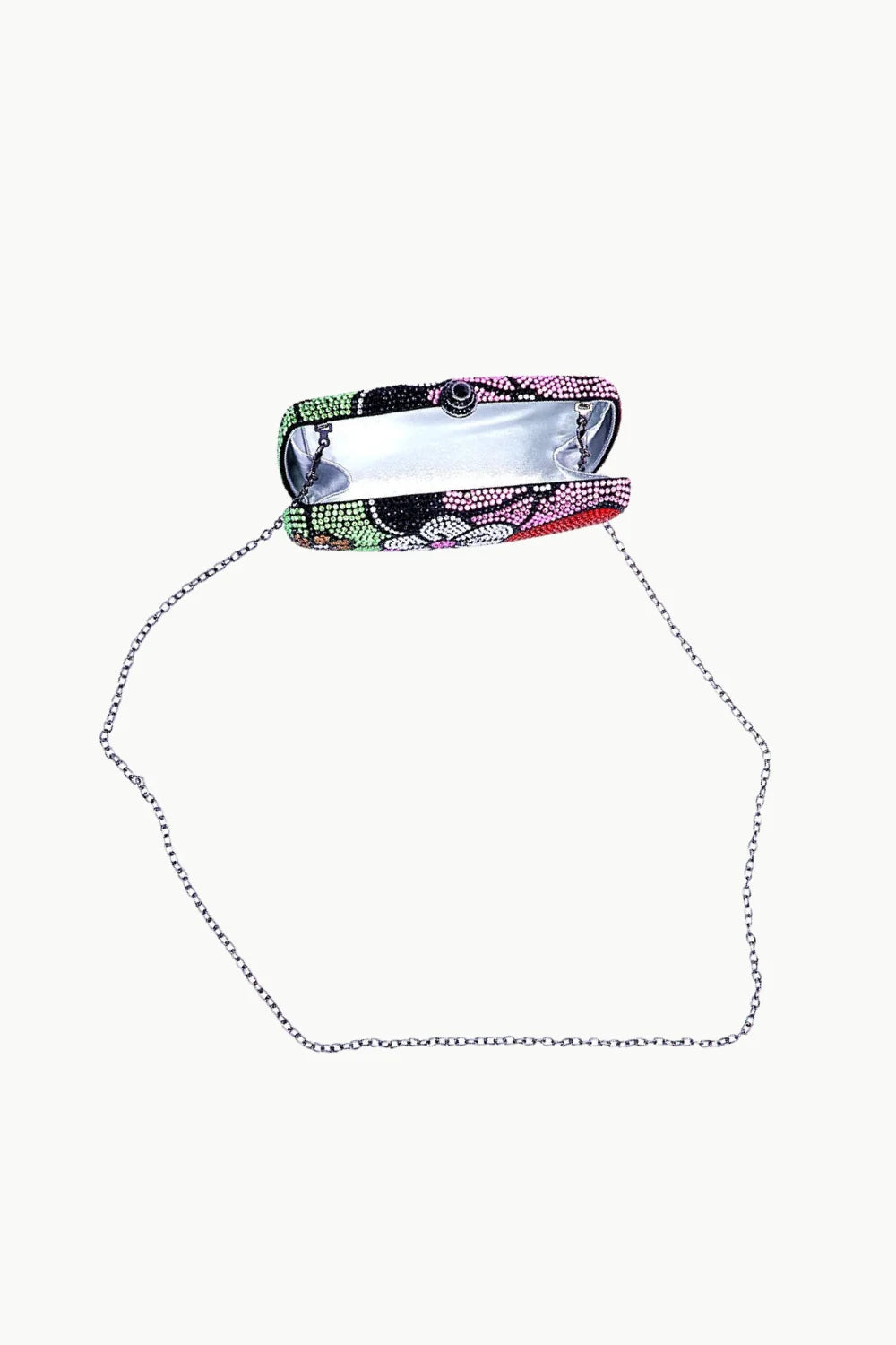 Beaded Flower Clutch with floral rhinestone pattern and silver chain strap