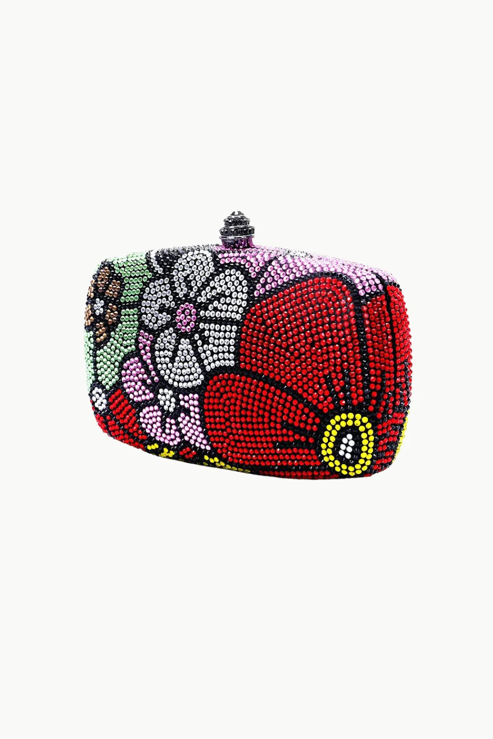 Beaded Flower Clutch with colorful floral bead patterns and a black studded clasp