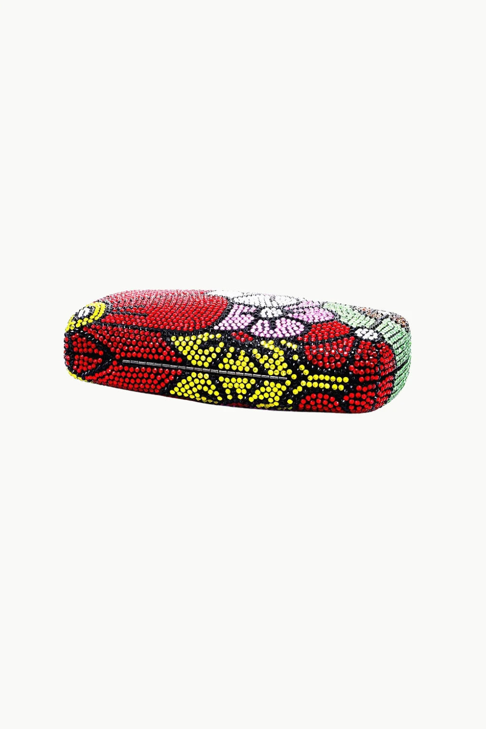 Vibrant beaded flower clutch with floral pattern in red pink yellow and green