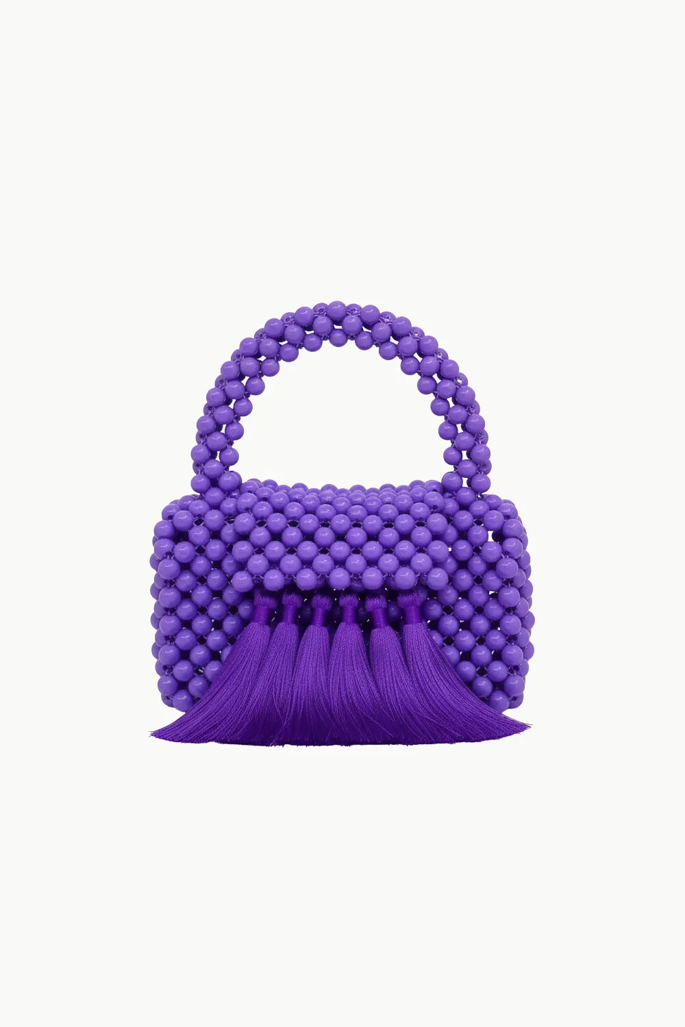 Purple beaded fringe bag with rounded handle and six tassels for stylish accessories