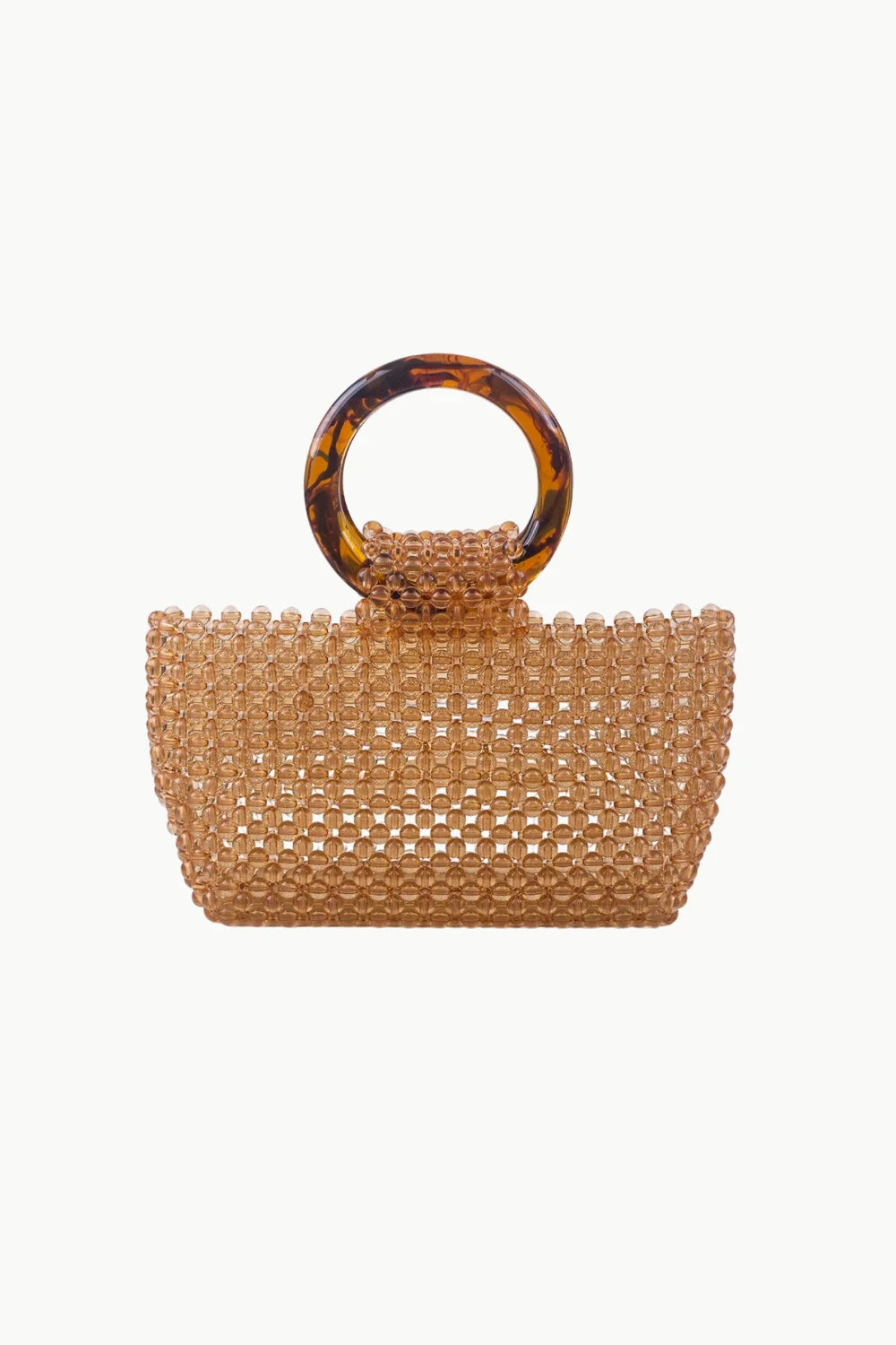 Transparent beaded handle bag with tortoise shell-patterned circular handle for stylish accessories