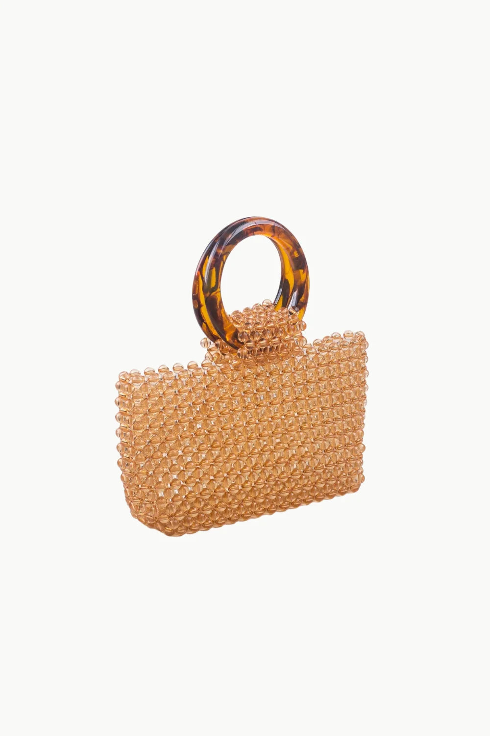 Transparent orange beaded handle bag with tortoiseshell acrylic ring handle for stylish accessories