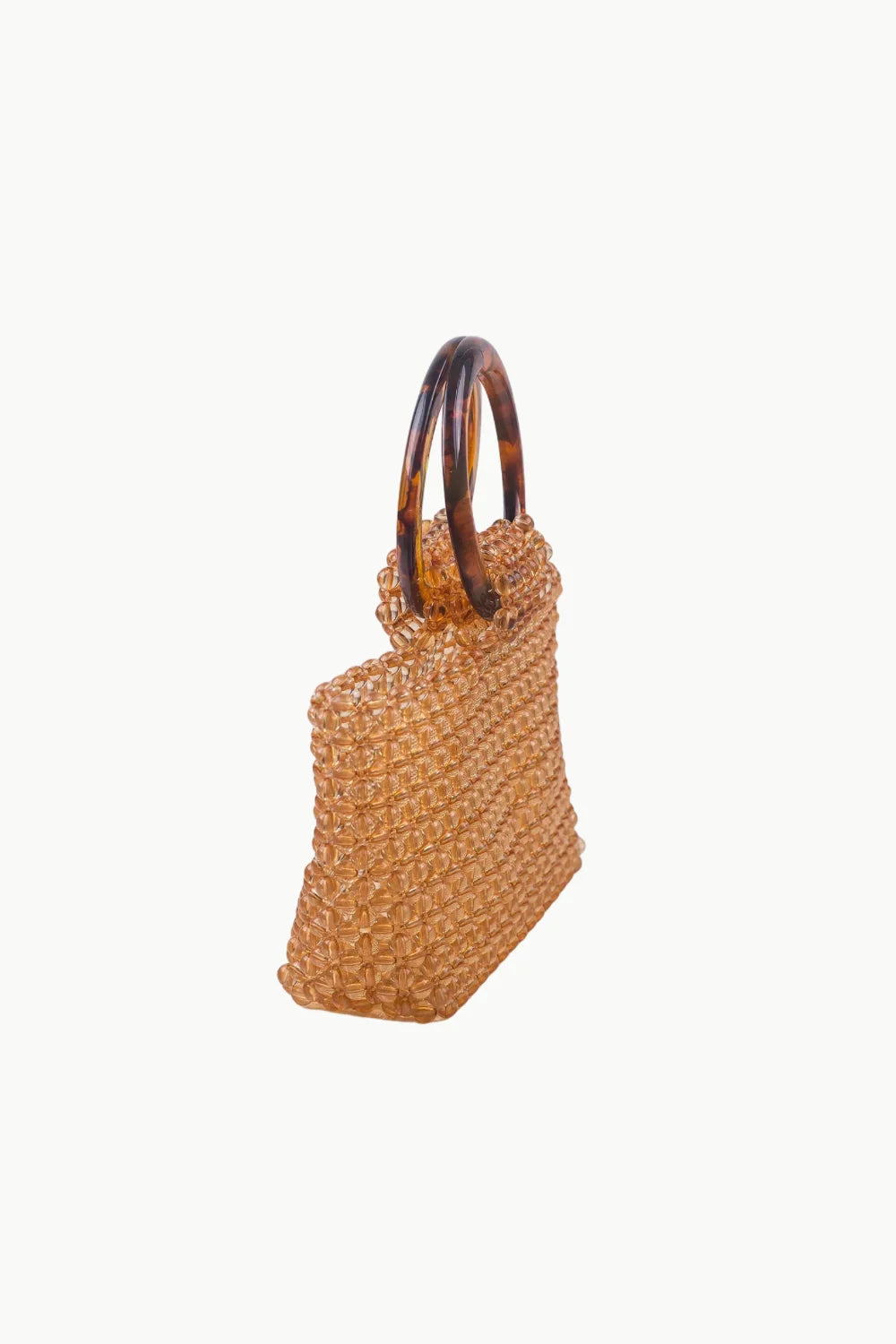 Woven straw handle bag with tortoise shell-patterned circular handles, stylish beaded handle bag