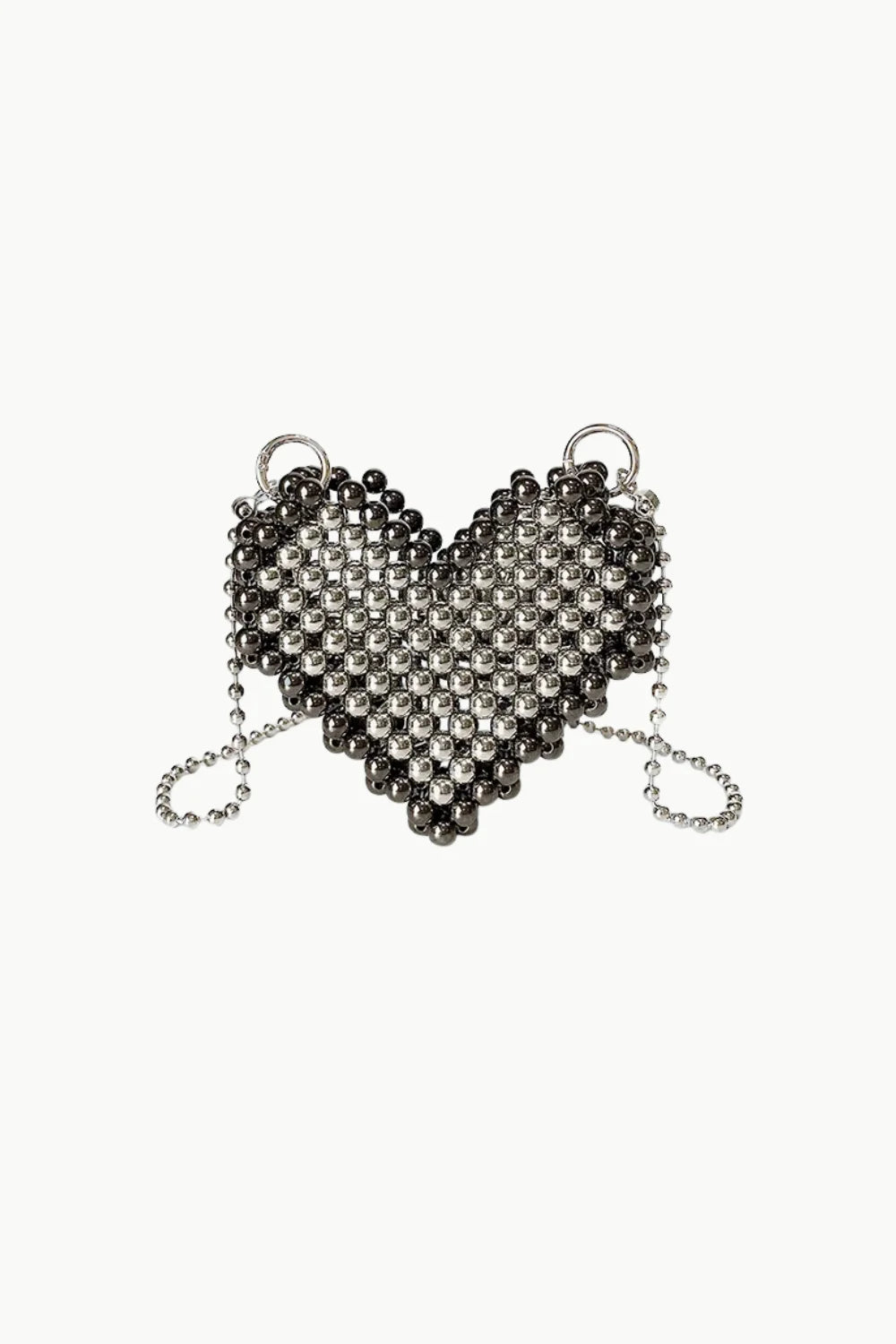 Beaded Heart Clutch with heart-shaped design and silver-toned chain straps