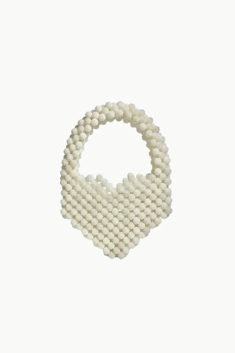 Cream-colored beaded heart purse with spherical beads and rounded handle