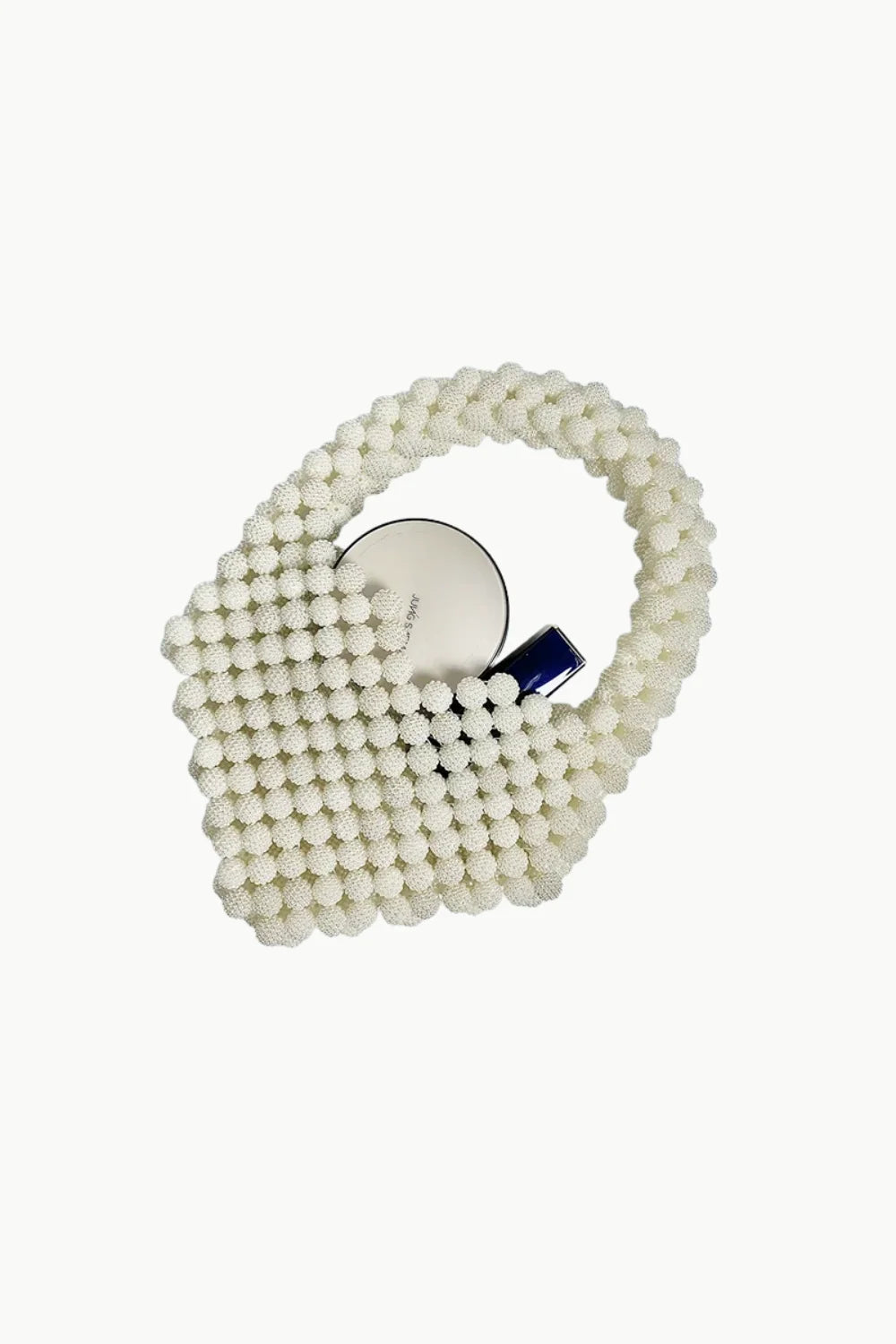 White beaded heart purse with rounded handle, stylish beaded heart handbag accessory