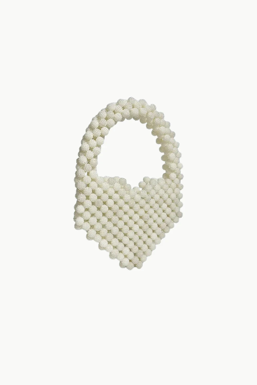 White pearl-beaded beaded heart purse with top handle and pointed bottom