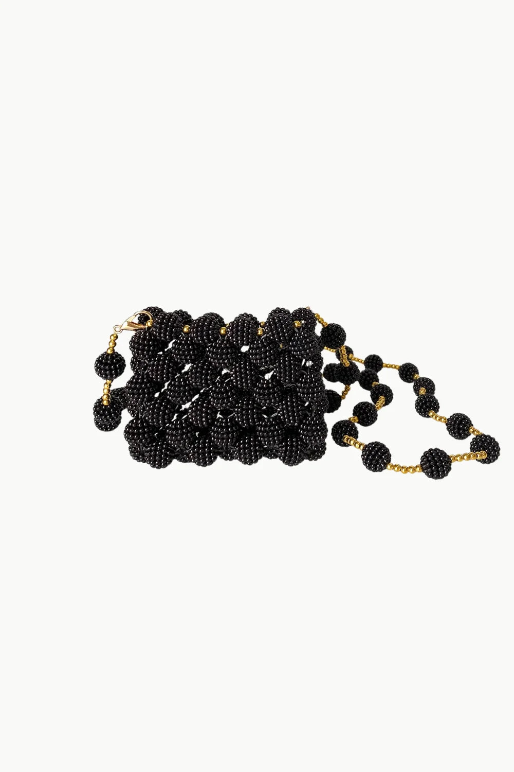 Black beaded knoted mini bag with gold chain strap for stylish evening wear
