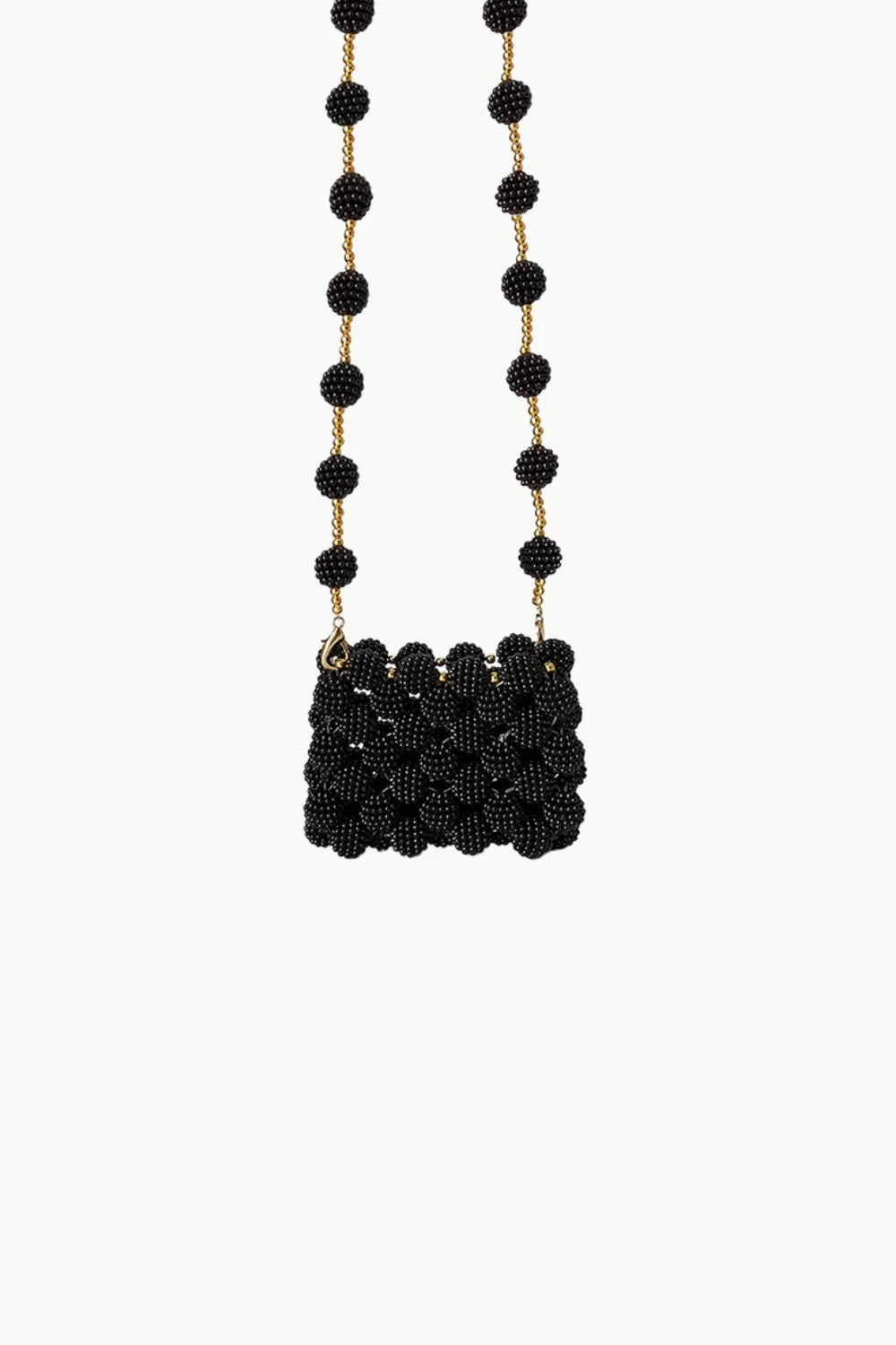 Black beaded knoted mini bag with gold-tone chain strap for stylish accessories