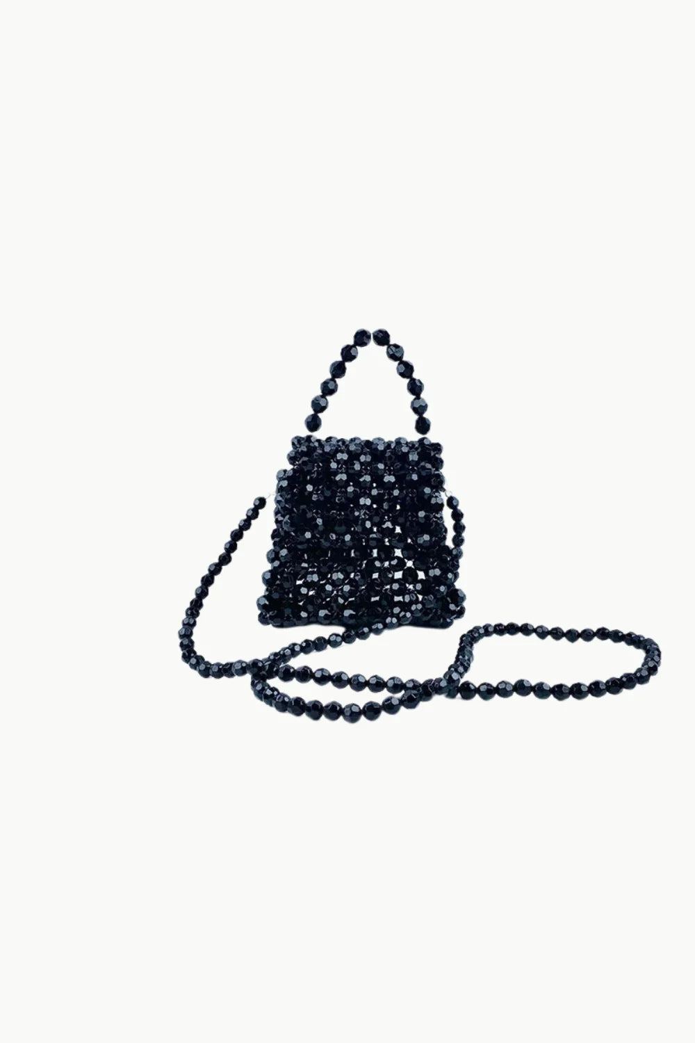 Black beaded mini hand bag with top handle and long shoulder strap for stylish look