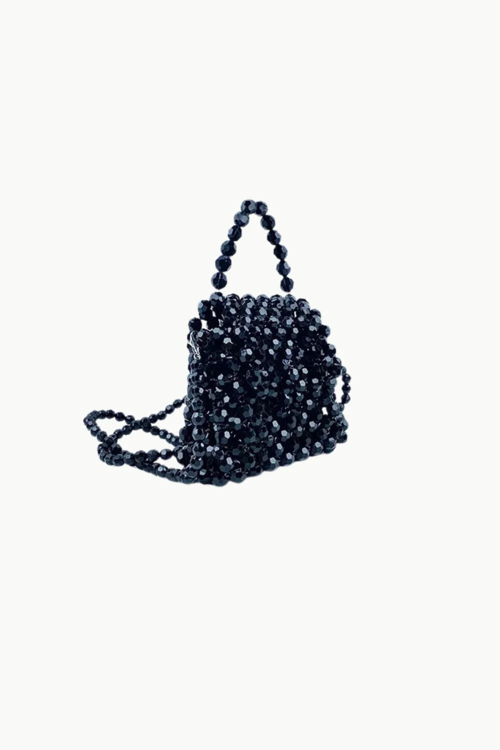 Black beaded mini hand bag with top handle and shoulder strap for stylish accessories