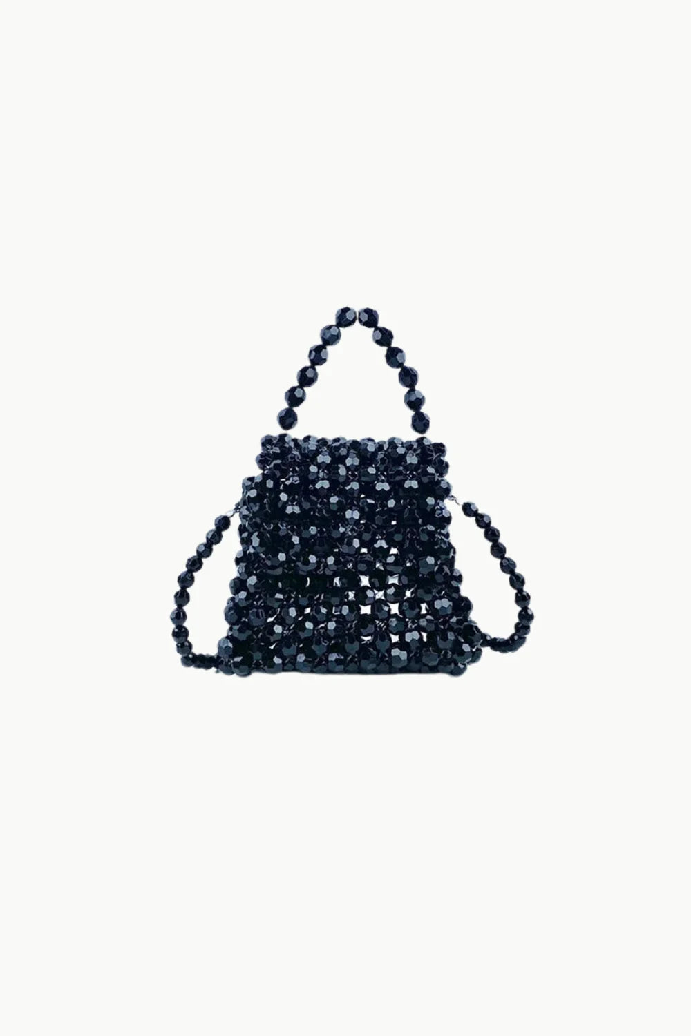 Black beaded mini hand bag with top handle and shoulder strap for stylish carry