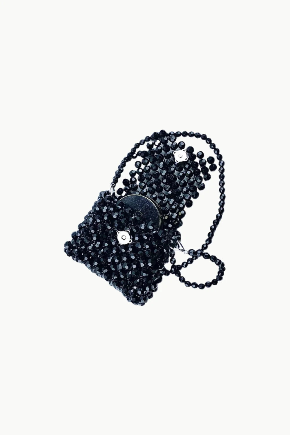 Black beaded mini hand bag with shoulder strap and magnetic snap closure