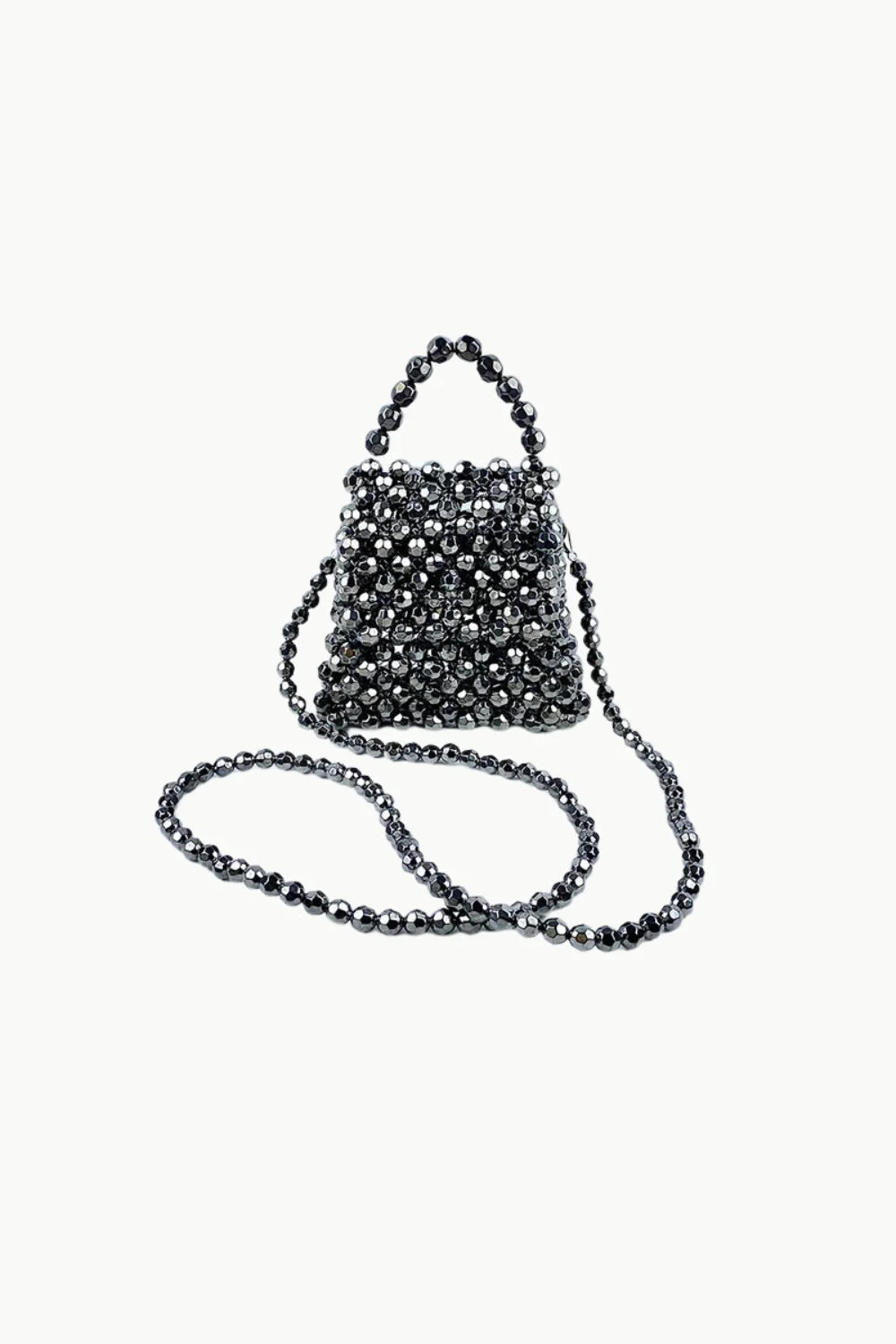 Dark grey beaded mini hand bag with top handle and long strap for stylish accessories