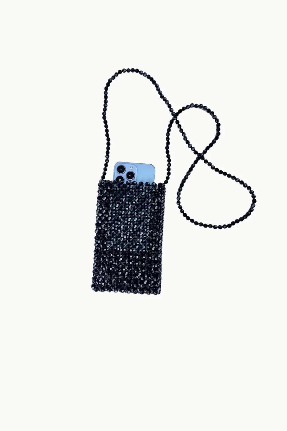 Black beaded mini shoulder bag with light blue smartphone for trendy beaded mini shoulder style